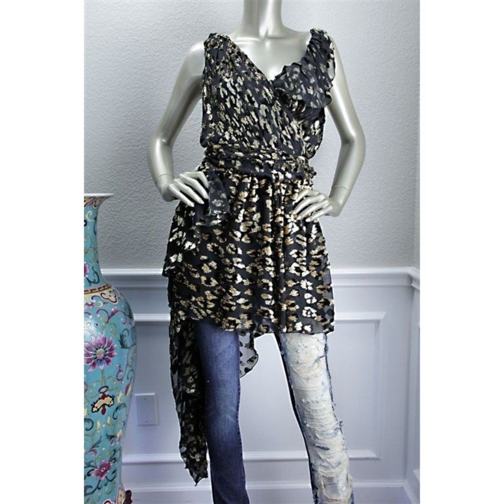 NWT SAINT LAURENT Gold Black Lame Leopard Ruffle Silk Wrap Top 6